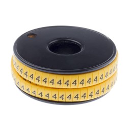 1 Reel of 500 - RS PRO Slide On Cable Markers, Black on Yellow, Pre-printed '4', 3.5 - 7mm Cable