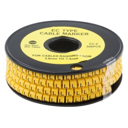 1 Reel of 500 - RS PRO Slide On Cable Markers, Black on Yellow, Pre-printed 'L', 3.6 - 7.4mm Cable