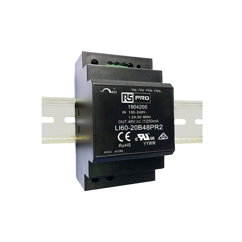 1 pcs - RS PRO DIN Rail Power Supply, 120 - 370 V dc, 85 - 264 V ac ac, dc Input, 48V dc Output, 1.25A Output, 60W