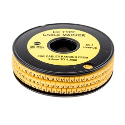 1 Reel of 1000 - RS PRO Slide On Cable Markers, Black on Yellow, Pre-printed 'V', 3 - 4.2mm Cable