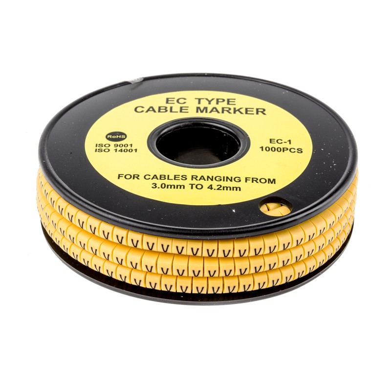 1 Reel of 1000 - RS PRO Slide On Cable Markers, Black on Yellow, Pre-printed 'V', 3 - 4.2mm Cable