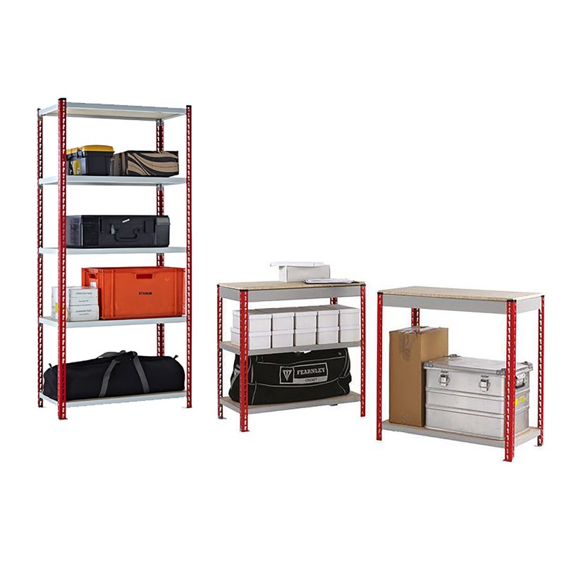 1 Kit - RS PRO Grey, Red Steel Twinspan Shelving System, 900mm x 2000mm, 450mm, 1000kg Load