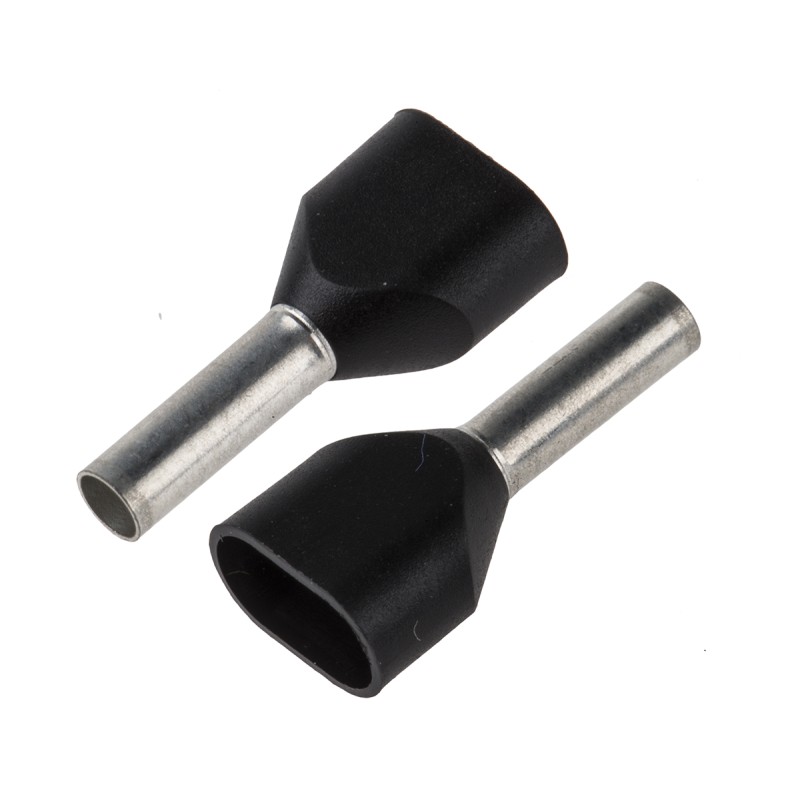 100 pcs - JST, TWE Insulated Crimp Bootlace Ferrule, 8mm Pin Length, 2.3mm Pin Diameter, 2 x 1.5mm² Wire Size, Black