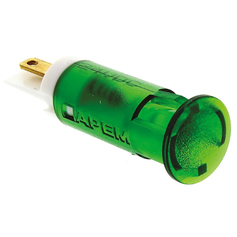 1 pcs - APEM Green Panel Mount Indicator, 24V dc, 10mm Mounting Hole Size, Faston, Solder Lug Termination
