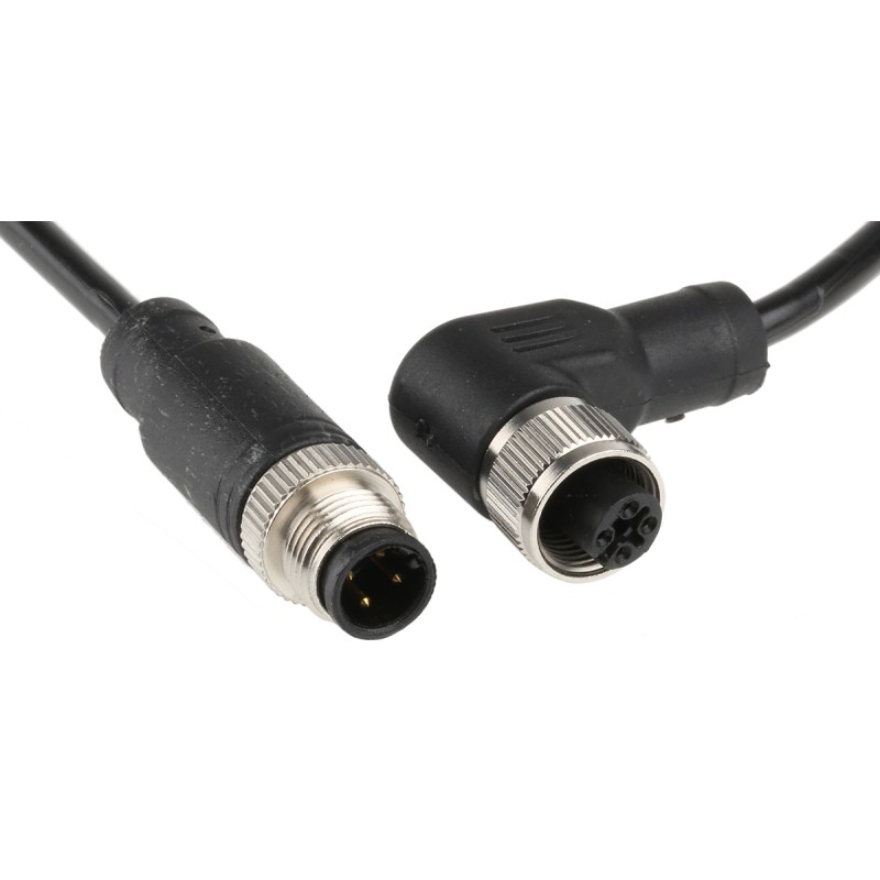 1 pcs - RS PRO Right Angle Female 4 way M12 to Straight Male 4 way M12 Sensor Actuator Cable, 5m