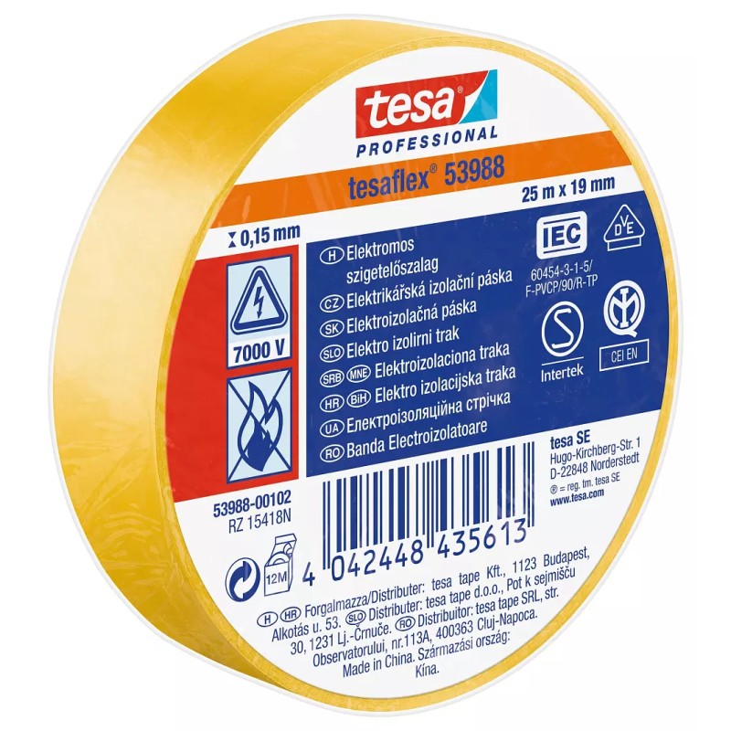 1 pcs - Tesa 53988 Yellow PVC Electrical Tape, 19mm x 25m