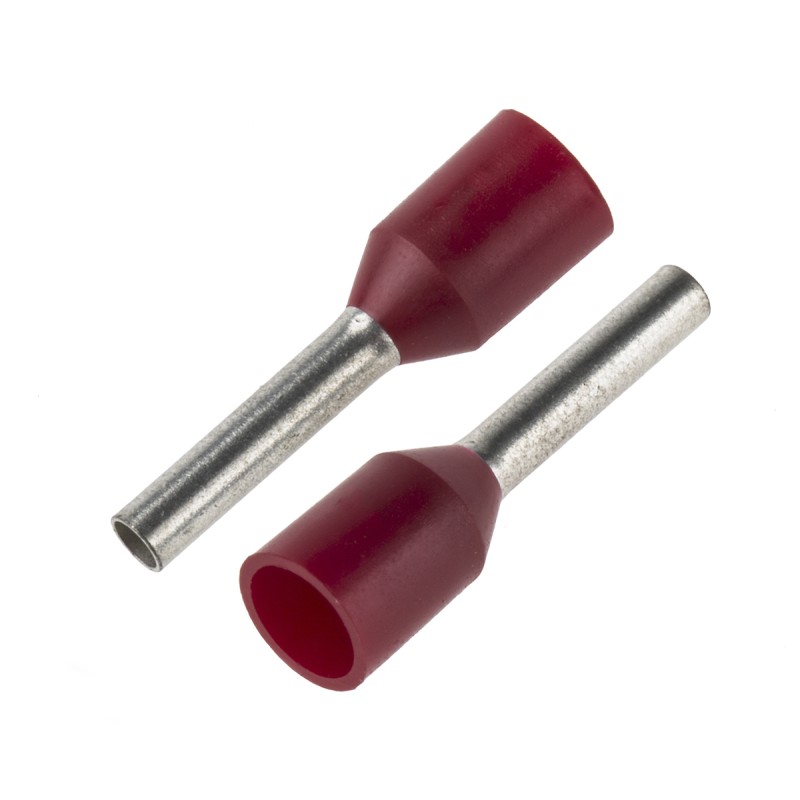 100 pcs - JST, FTR Insulated Crimp Bootlace Ferrule, 8mm Pin Length, 1.4mm Pin Diameter, 1mm² Wire Size, Red