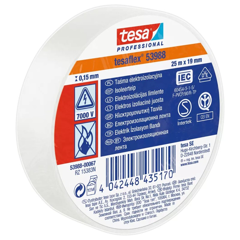 1 pcs - Tesa 53988 White PVC Electrical Tape, 19mm x 25m