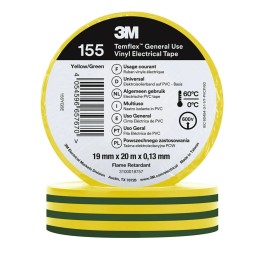 1 pcs - 3M Temflex 155 Green, Yellow Vinyl Electrical Tape, 19mm x 20m