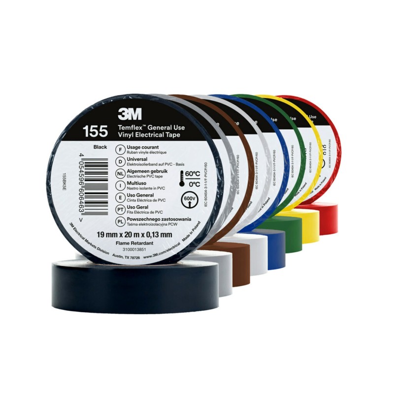 1 pcs - 3M Temflex 155 Black, Blue, Brown, Green, Grey, Orange, Red, White, Yellow, Yellow/Green Vinyl Electrical Tape, 19mm x
