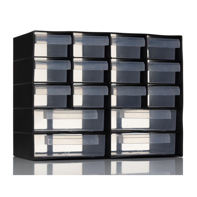 1 pcs - RS PRO 16 Drawer Unit, PP, 210mm x 270mm x 130mm, Black