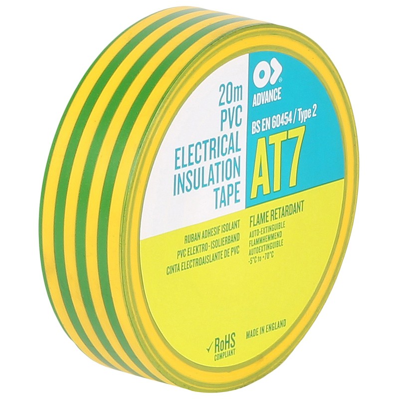 1 Reel of 1 - Advance Tapes AT7 Green, Yellow PVC Electrical Tape, 19mm x 20m