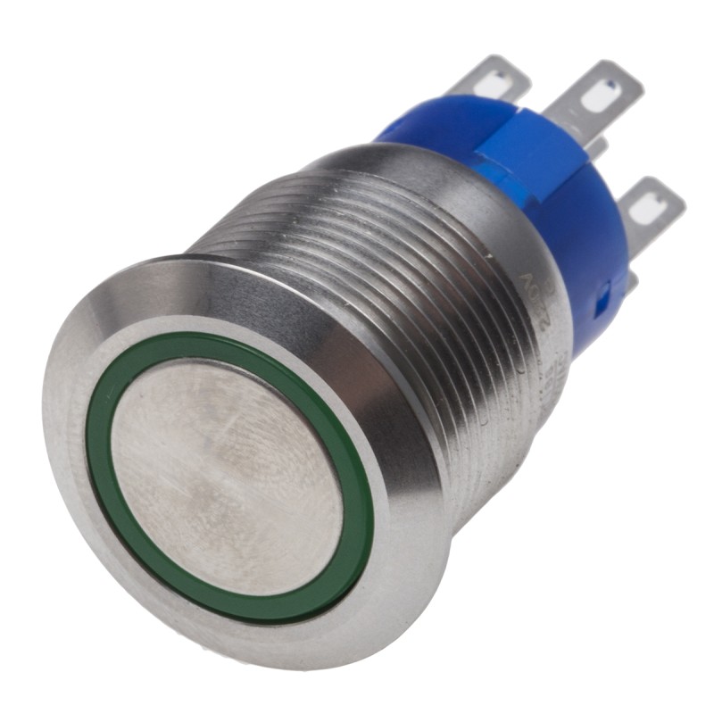 1 pcs - RS PRO Illuminated Push Button Switch, Momentary, Panel Mount, 19.2mm Cutout, DPDT, Green LED, 250V ac, IP67