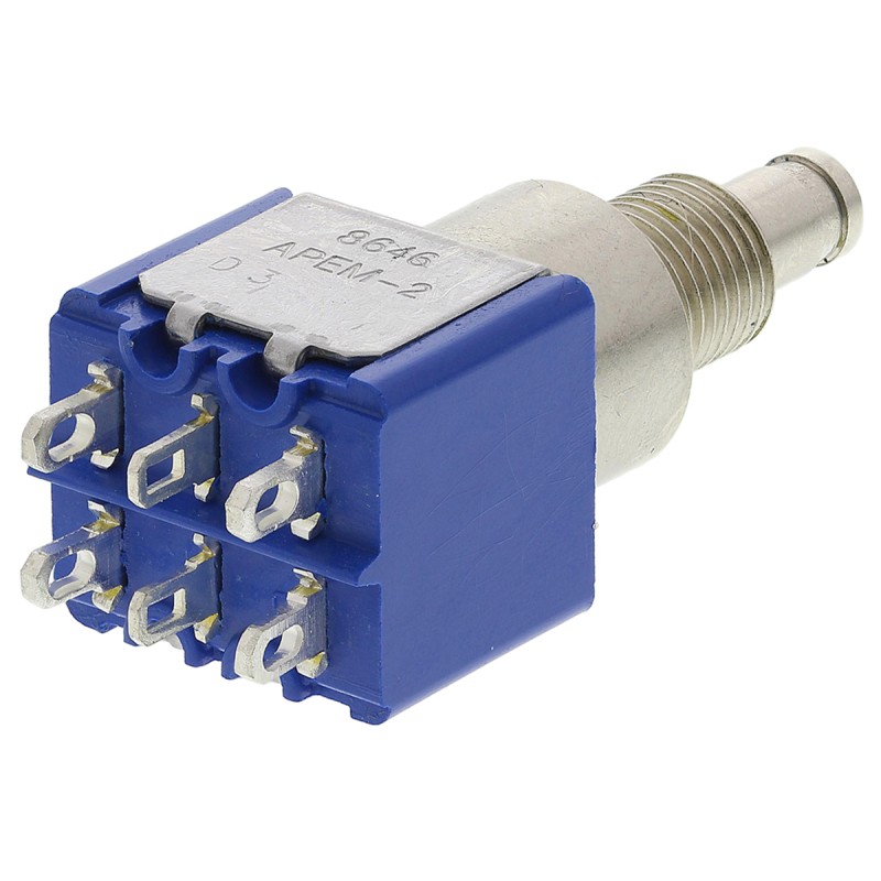 1 pcs - APEM Miniature Push Button Switch, Latching, Panel Mount, 6.5mm Cutout, DPDT, 250V ac