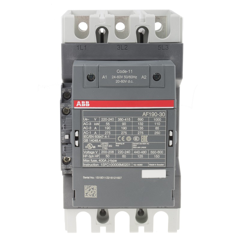 1 pcs - ABB AF Series Contactor, 24 V ac/dc Coil, 3-Pole, 275 A, 90 kW, 3NO, 690 V ac