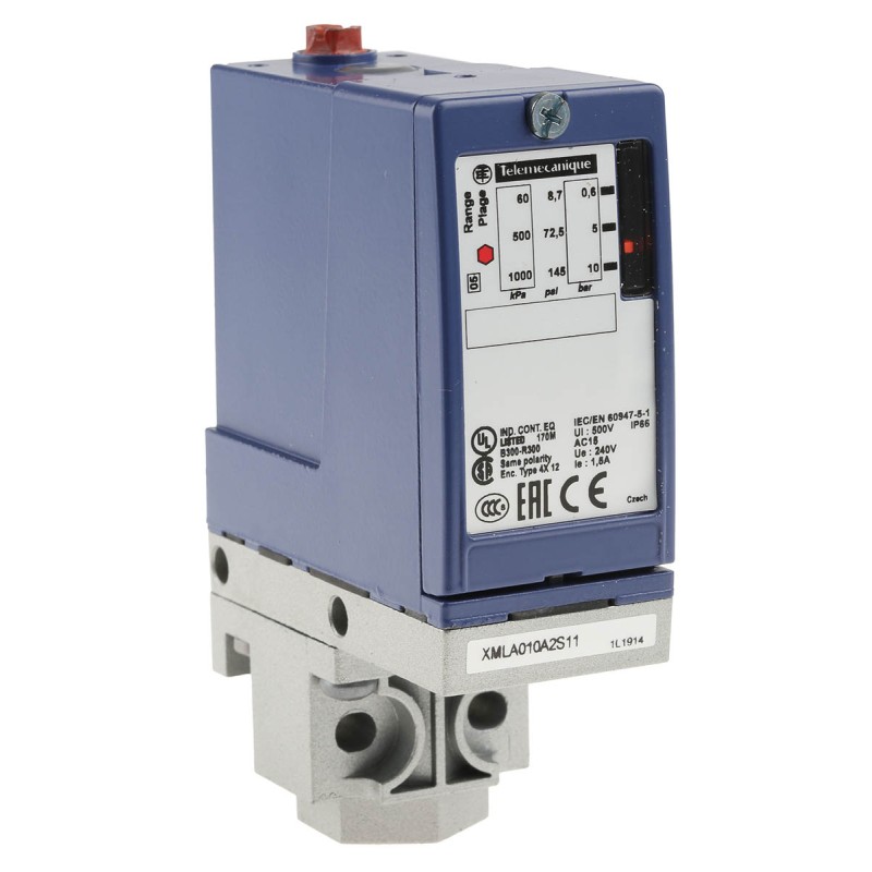 1 pcs - Telemecanique Sensors Pressure Sensor, 0.6bar Min, 10bar Max, Relay Output, Differential Reading