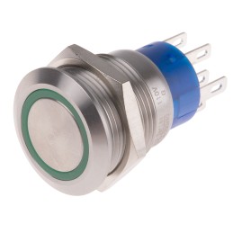1 pcs - RS PRO Illuminated Push Button Switch, Momentary, Panel Mount, 19.2mm Cutout, DPDT, Green LED, 110V, IP67