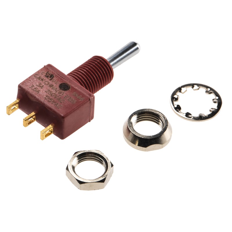 1 pcs - C & K Toggle Switch, Panel Mount, (On)-Off-(On), SPDT, Solder Terminal