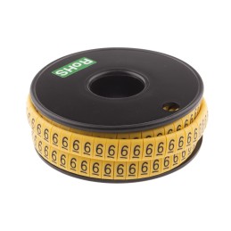 1 Reel of 500 - RS PRO Slide On Cable Markers, Black on Yellow, Pre-printed '6', 3.5 - 7mm Cable