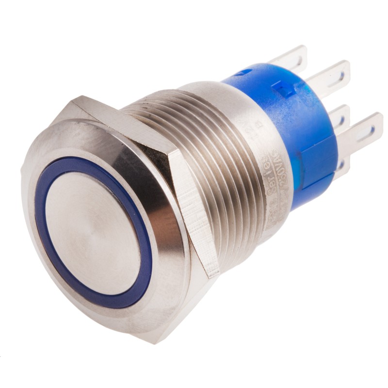 1 pcs - RS PRO Illuminated Push Button Switch, Momentary, Panel Mount, 19.2mm Cutout, DPDT, Blue LED, 250V ac, IP67