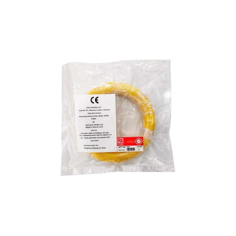 1 Reel of 50 M - RS PRO Yellow 0.12 mm² Hook Up Wire, 26 AWG, 1/0.40 mm, 50m, ETFE Insulation