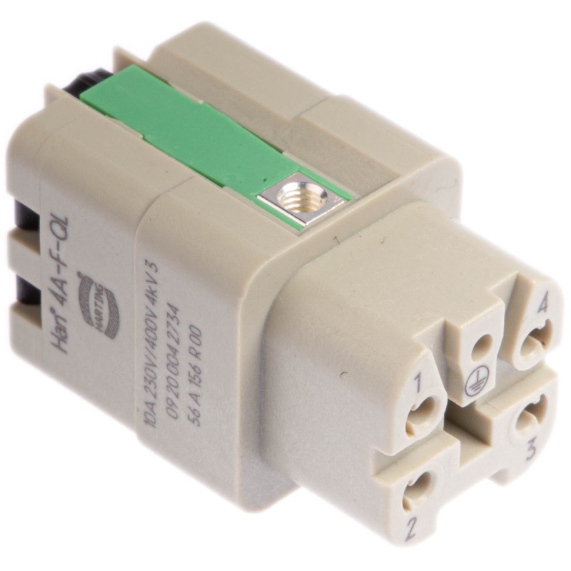 10 pcs - HARTING Heavy Duty Power Connector Insert, 10A, Female, Han A Series, 4 Contacts