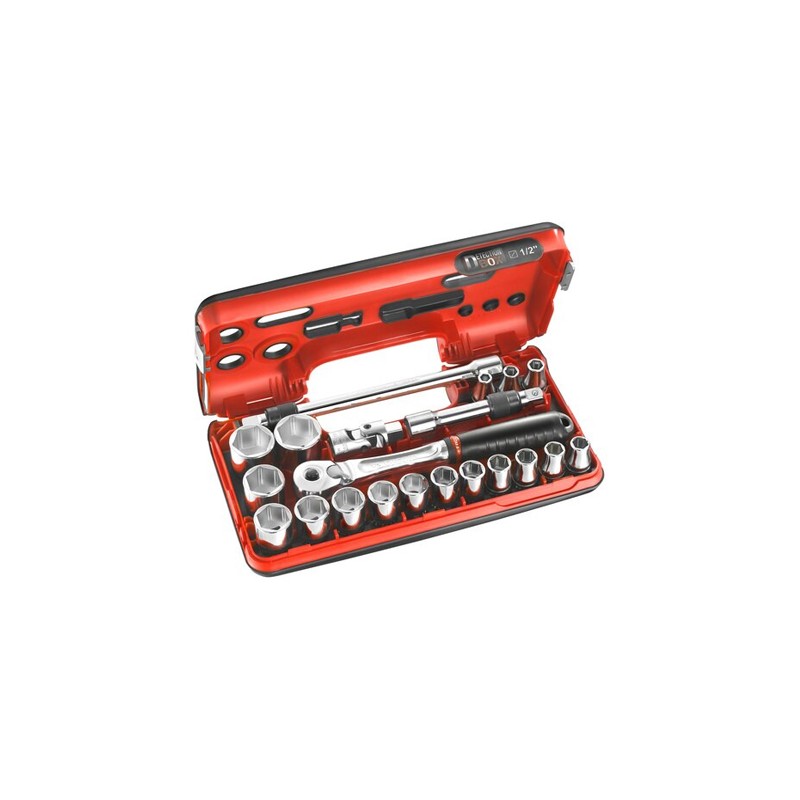 1 pcs - Facom 21-Piece Metric 1/2 in Standard Socket Set with Ratchet, 6 point