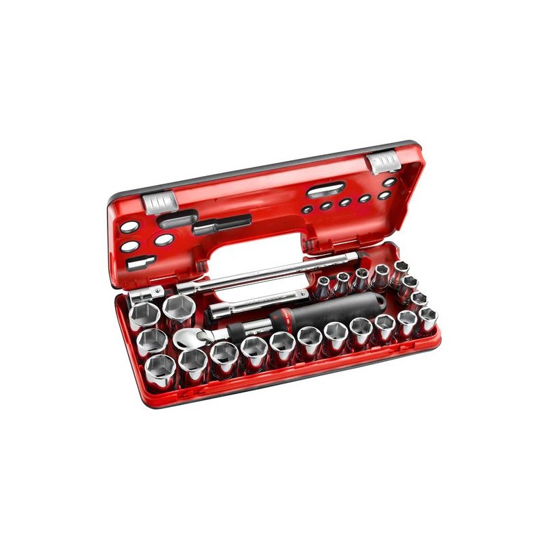 1 pcs - Facom 25-Piece Metric 1/2 in Standard Socket Set with Ratchet, 6 point