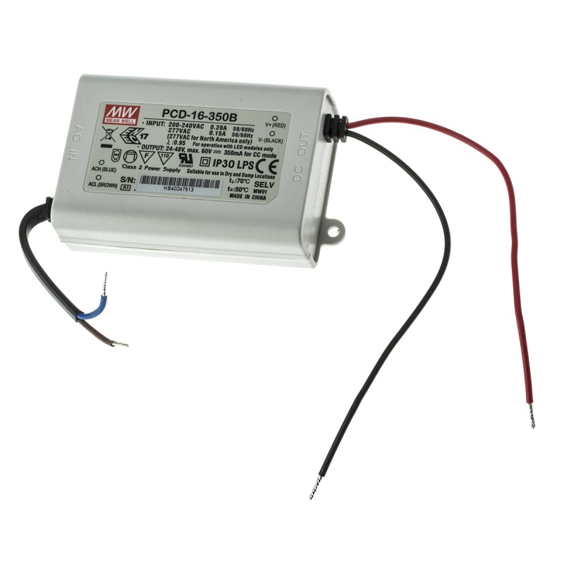 1 pcs - MEAN WELL LED Driver, 24 - 48V Output, 16.8W Output, 350mA Output, Constant Current Dimmable