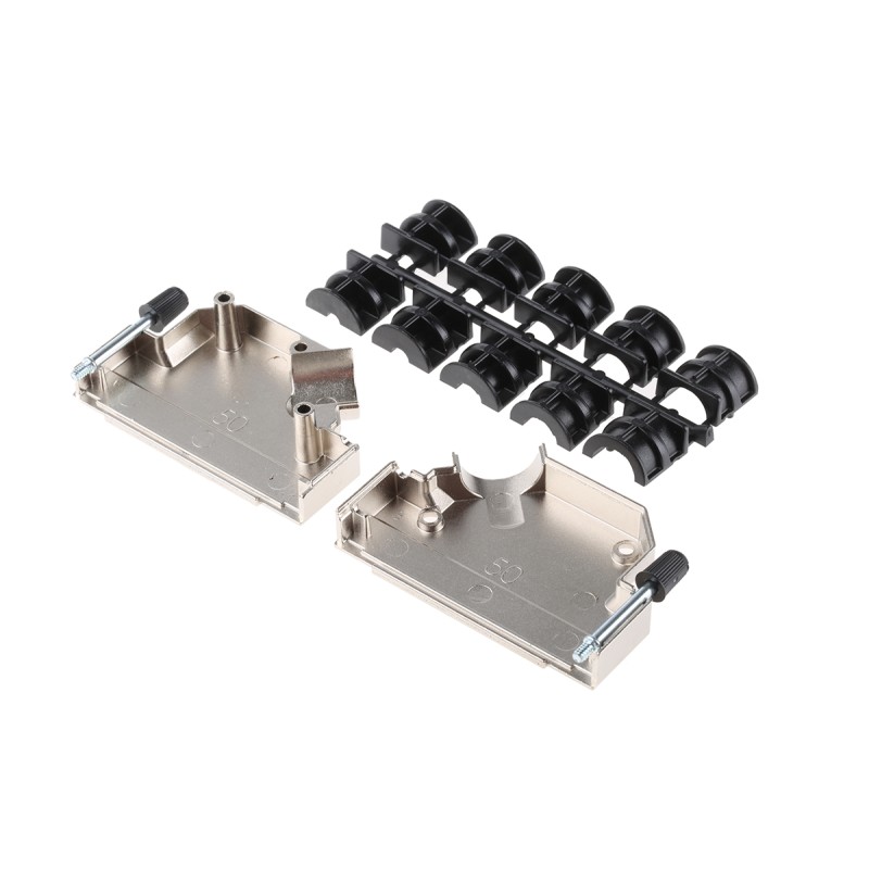 100 pcs - Amphenol ICC 8655MHR Series Die Cast Zinc Angled D Sub Backshell, 50 Way, Strain Relief