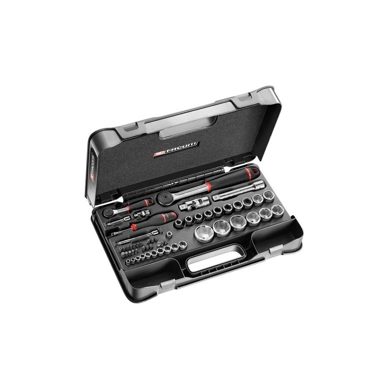 1 pcs - Facom 55-Piece Metric 1/2 in, 1/4 in Standard Socket/Bit Set with Ratchet, 6 point, Hex Bit, Phillips Bit, Pozidriv