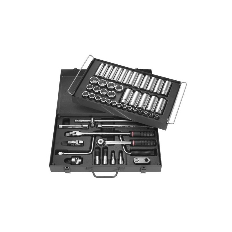 1 pcs - Facom 54-Piece Metric 1/2 in Deep Socket/Standard Socket/Bit Set with Ratchet, 12 point, Pozidriv Bit, Slotted Bit