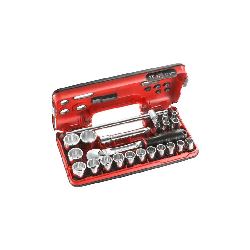 1 pcs - Facom 22-Piece Metric 1/2 in Standard Socket Set with Ratchet, 12 point