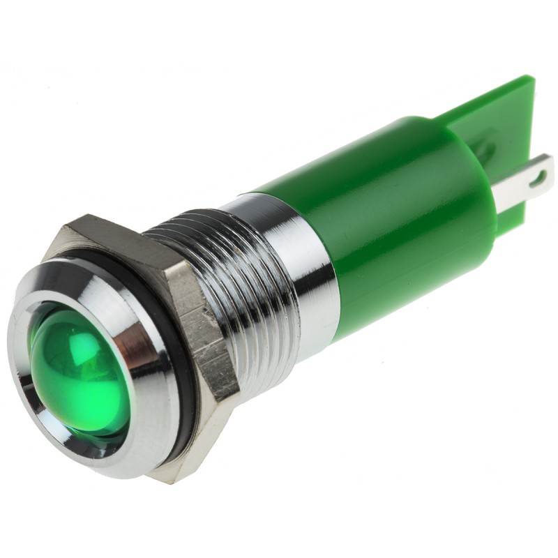 1 pcs - RS PRO Green Panel Mount Indicator, 220V ac, 14mm Mounting Hole Size, Faston, Solder Lug Termination, IP67