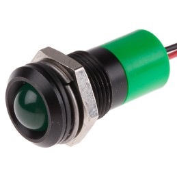 1 pcs - RS PRO Green Panel Mount Indicator, 12V dc, 14mm Mounting Hole Size, Lead Wires Termination, IP67