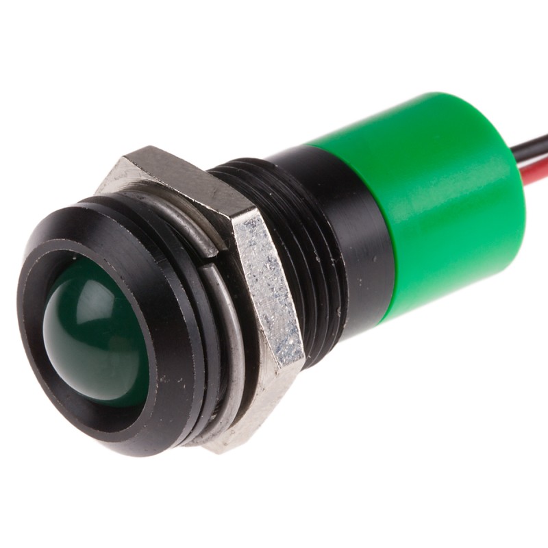 1 pcs - RS PRO Green Panel Mount Indicator, 12V dc, 14mm Mounting Hole Size, Lead Wires Termination, IP67
