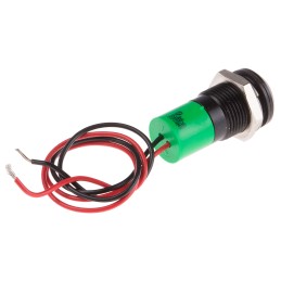 1 pcs - RS PRO Green Panel Mount Indicator, 12V dc, 14mm Mounting Hole Size, Lead Wires Termination, IP67