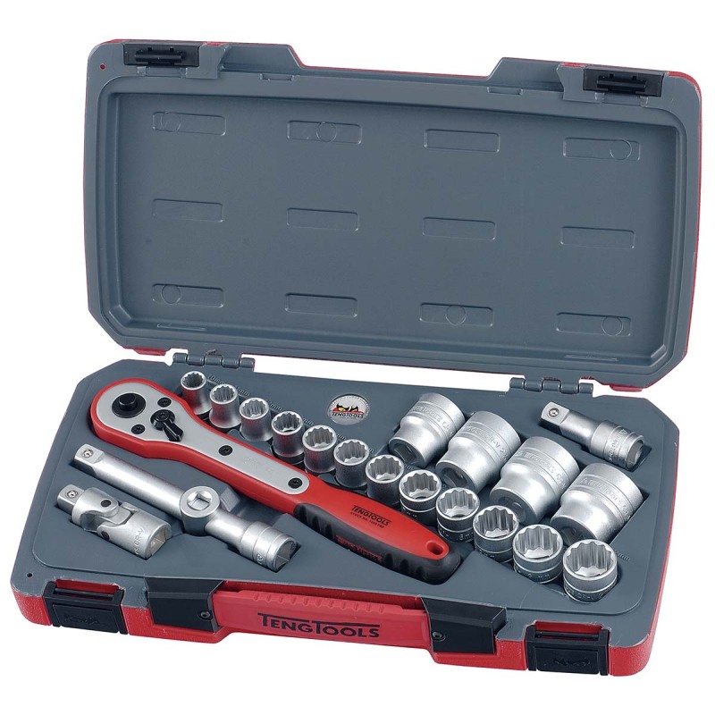 1 pcs - Teng Tools 21-Piece Metric 1/2 in Standard Socket Set with Ratchet, 12 point