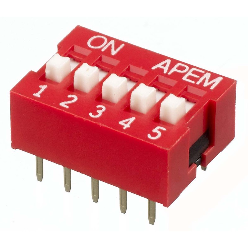 5 pcs - APEM 5 Way Through Hole DIP Switch SPST, Raised Actuator