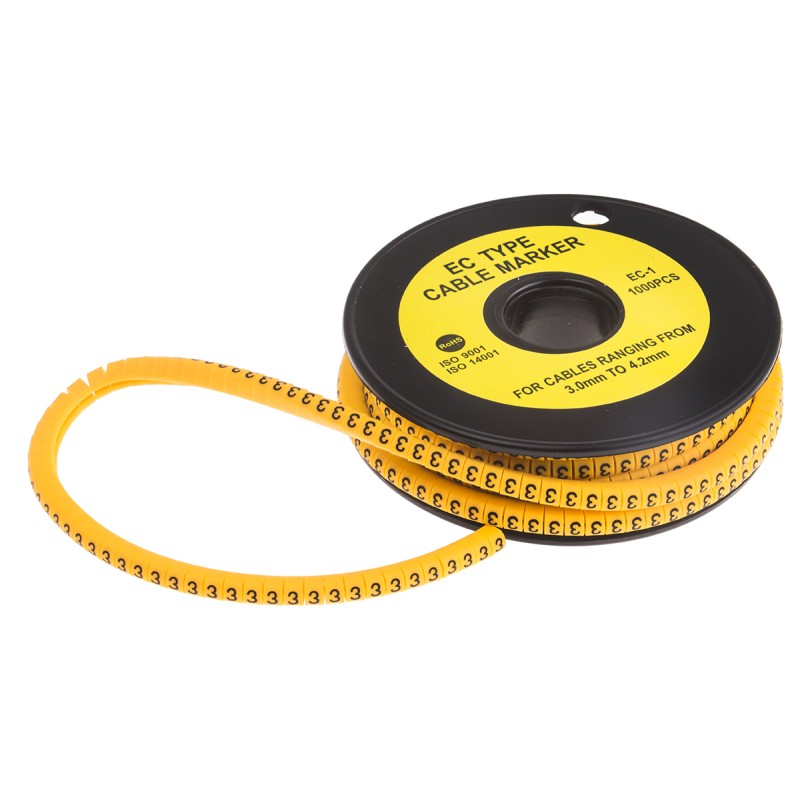 1 Reel of 1000 - RS PRO Slide On Cable Markers, Black on Yellow, Pre-printed '3', 3 - 4.2mm Cable