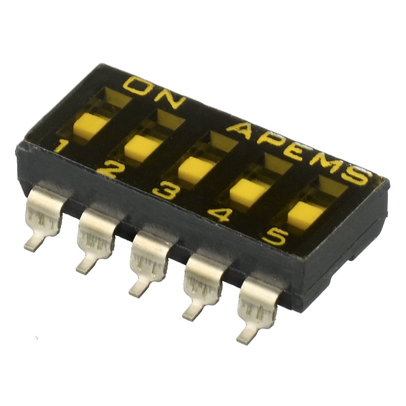 5 pcs - Apem 5 Way Surface Mount DIP Switch SPST, Recessed Actuator Slide Actuator