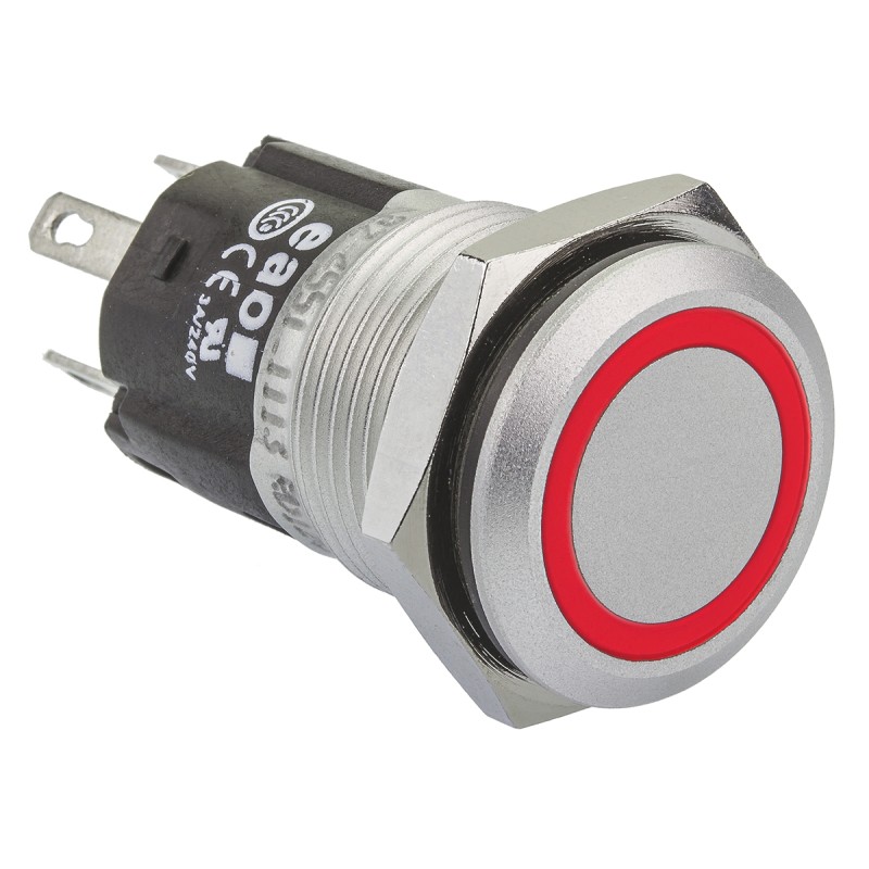 1 pcs - EAO 82 Series Illuminated Push Button Switch, Momentary, Panel Mount, 16mm Cutout, SPDT, Red LED, 12V, IP65, IP67