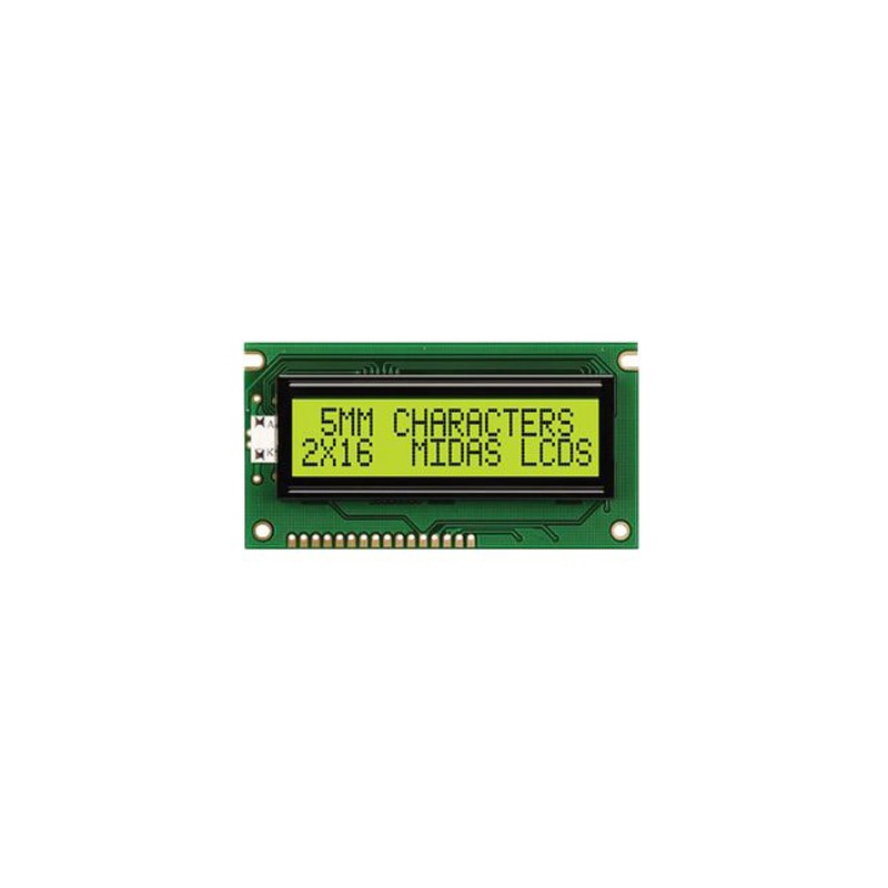 1 pcs - Midas MC21605A6WD-SPTLY-V2 A Alphanumeric LCD Display Yellow-Green, 2 Rows by 16 Characters, Transflective