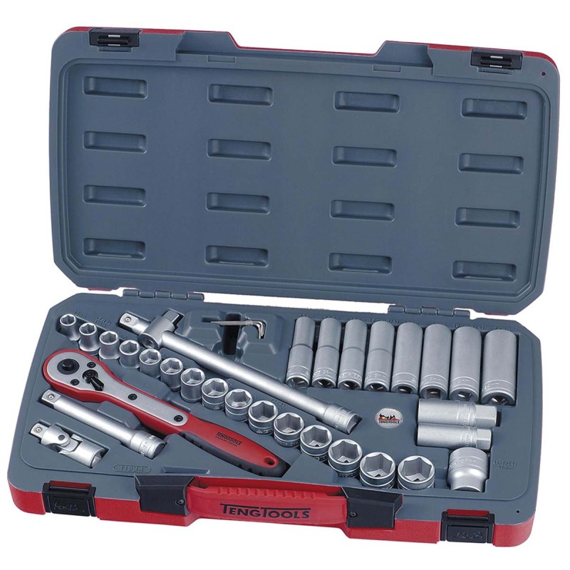 1 pcs - Teng Tools 34-Piece Metric 1/2 in Deep Socket/Standard Socket Set with Ratchet, 6 point