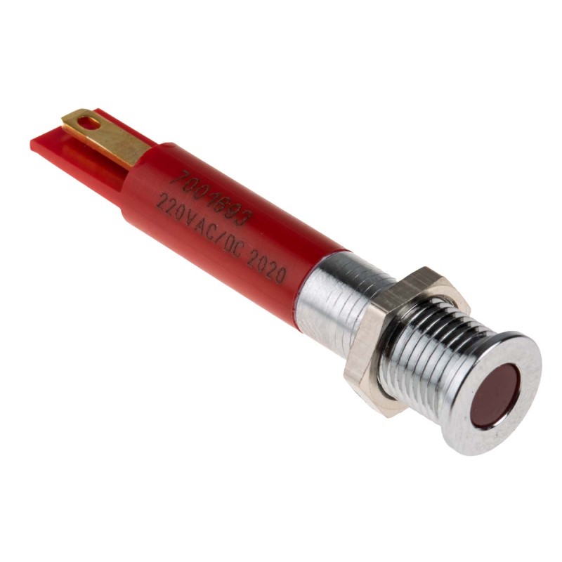 1 pcs - RS PRO Red Panel Mount Indicator, 220V ac, 8mm Mounting Hole Size, Solder Tab Termination, IP67