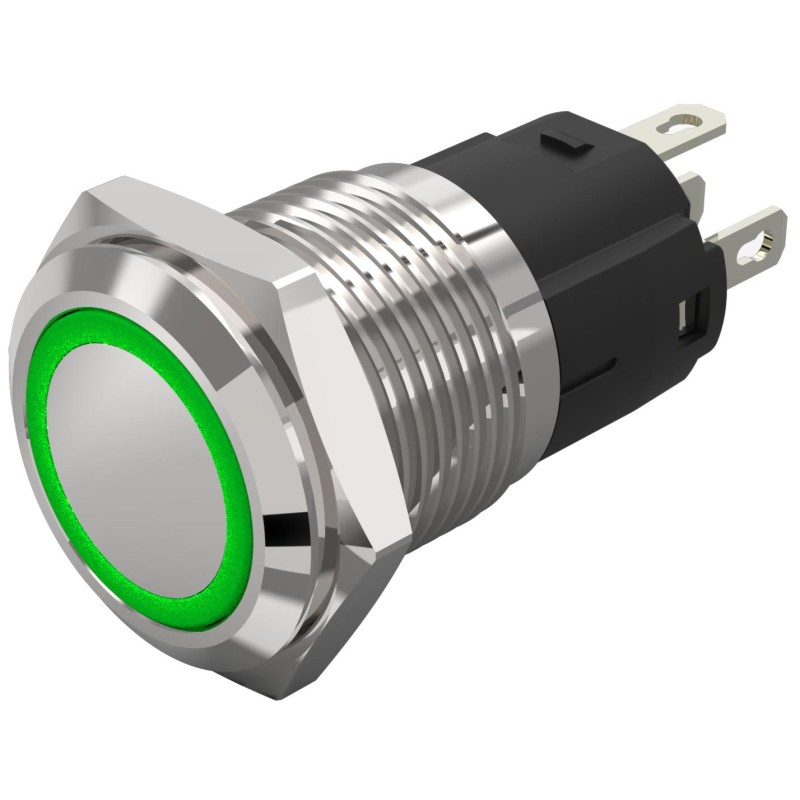 1 pcs - EAO 82 Series Illuminated Illuminated Push Button Switch, Momentary, Panel Mount, 16mm Cutout, SPDT, Green LED, 12V,