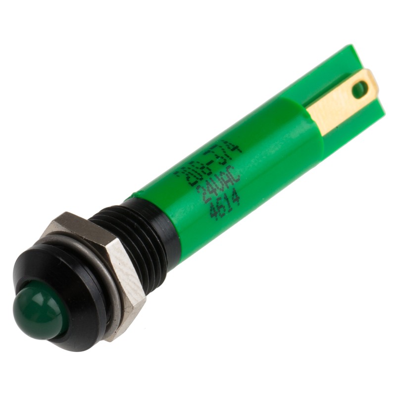 1 pcs - RS PRO Green Panel Mount Indicator, 24V ac, 8mm Mounting Hole Size, Solder Tab Termination