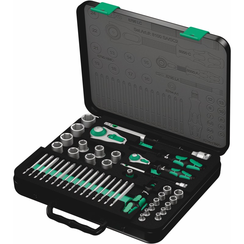 1 pcs - Wera 43-Piece Metric 1/2 in, 1/4 in Standard Socket/Bit Set with Ratchet, 6 point, Hex Bit, Phillips Bit, Pozidriv Bit,