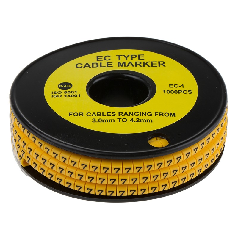 1 Reel of 1000 - RS PRO Slide On Cable Markers, Black on Yellow, Pre-printed '7', 3 - 4.2mm Cable
