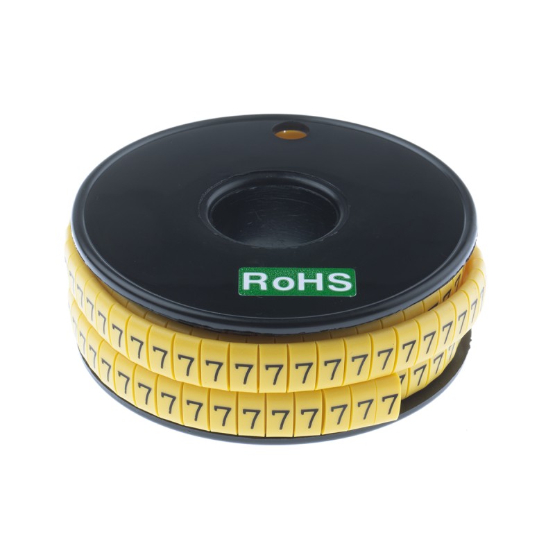 1 Reel of 500 - RS PRO Slide On Cable Markers, Black on Yellow, Pre-printed '7', 3.5 - 7mm Cable